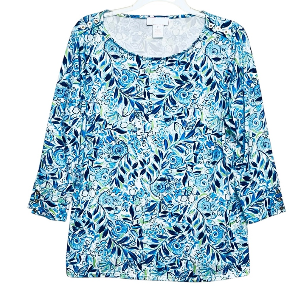 Stella Parker Top Blue Tropical Floral Long Sleeve Pullover Shirt Sz L NWOT
